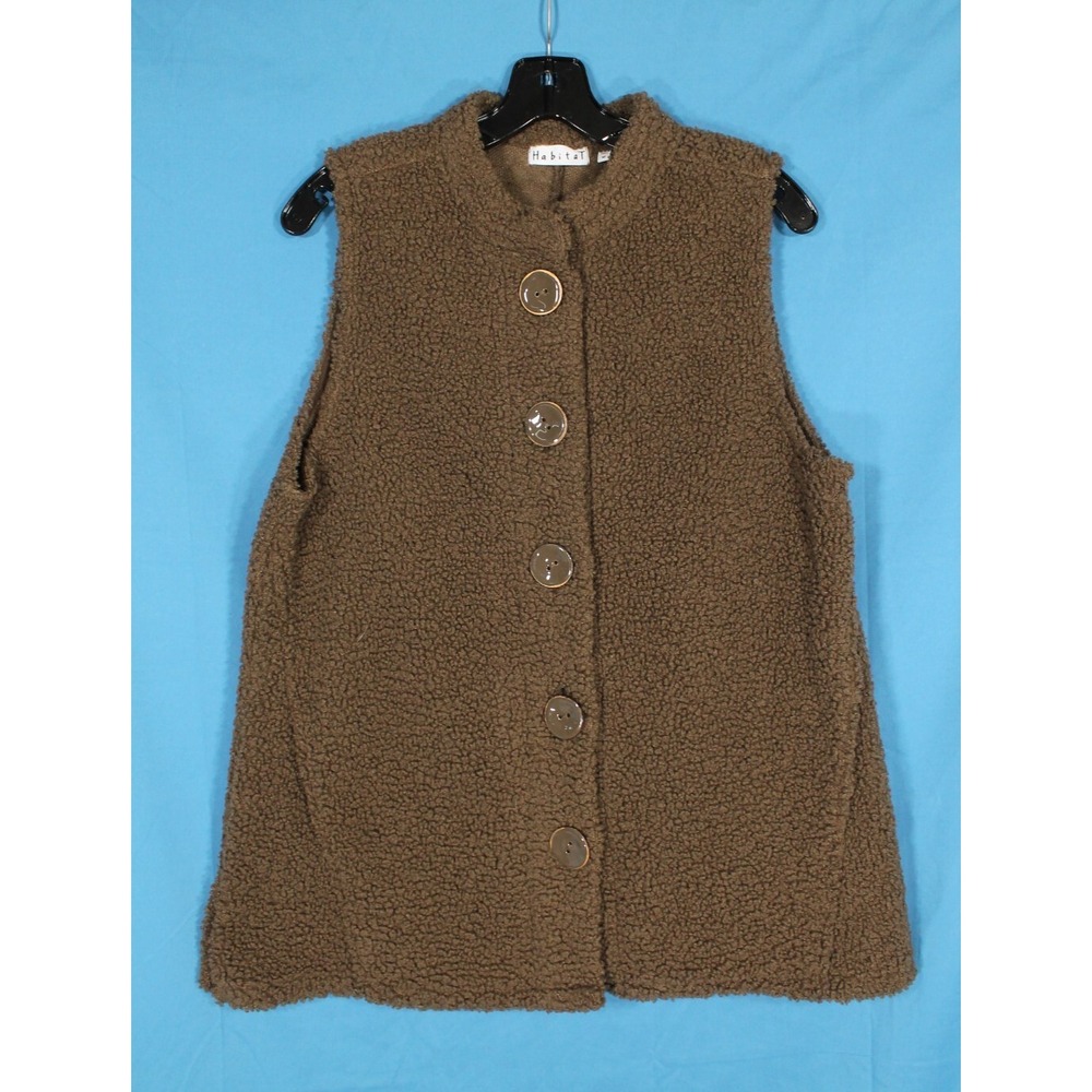 HABITAT Brown SHAGGY FAUX SHEARLING Button-Up SLEEVELESS Pockets VEST/TOPPER M